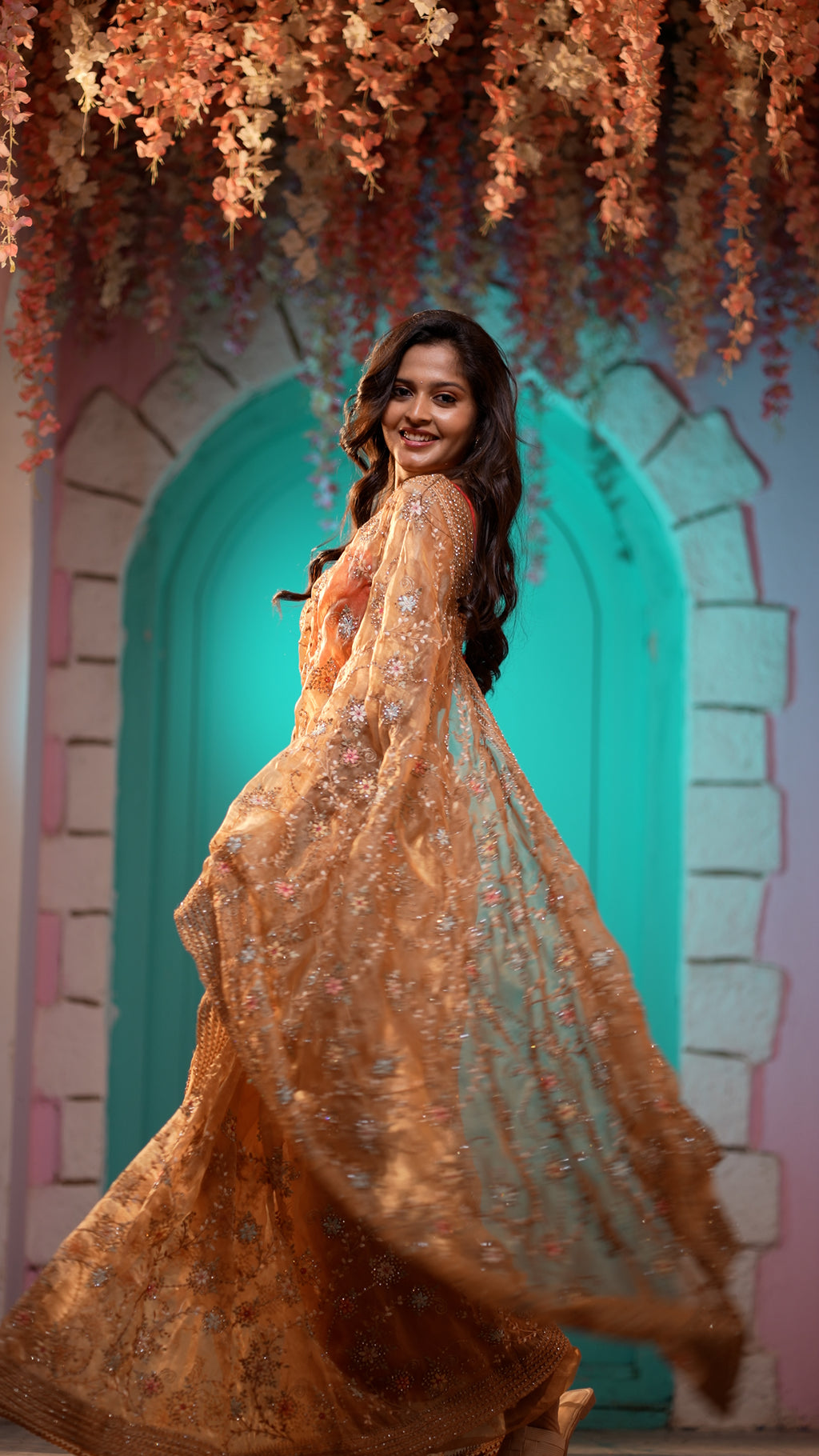 Peach Organza Embroidered Saree with Floral Handwork | Designer Party Wear Saree