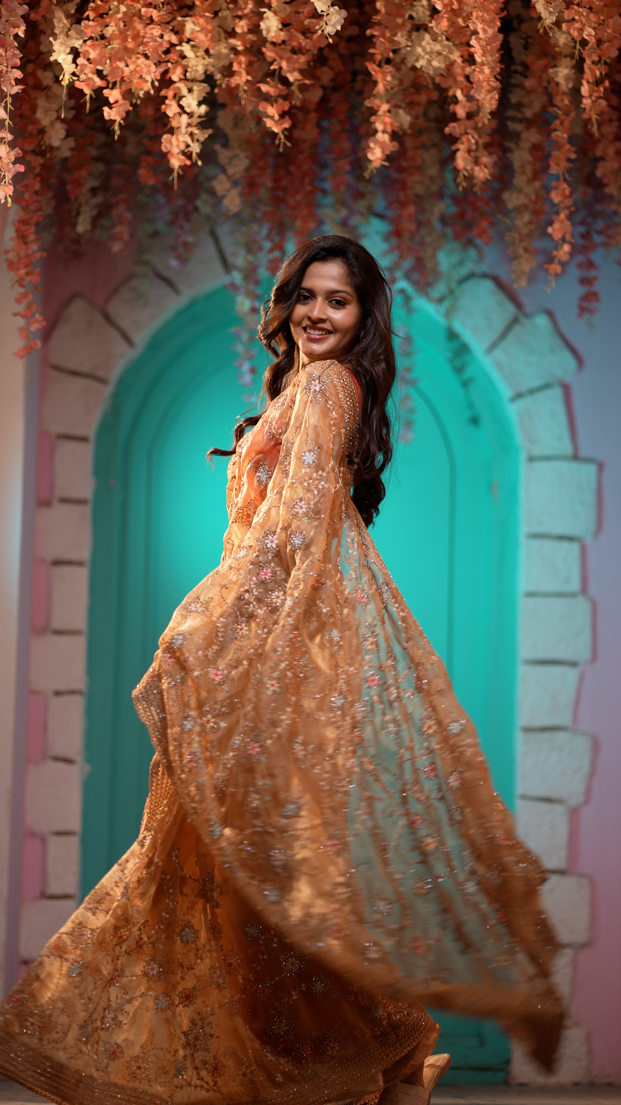 Peach Organza Embroidered Saree with Floral Handwork | Designer Party Wear Saree