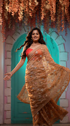 Peach Organza Embroidered Saree with Floral Handwork | Designer Party Wear Saree