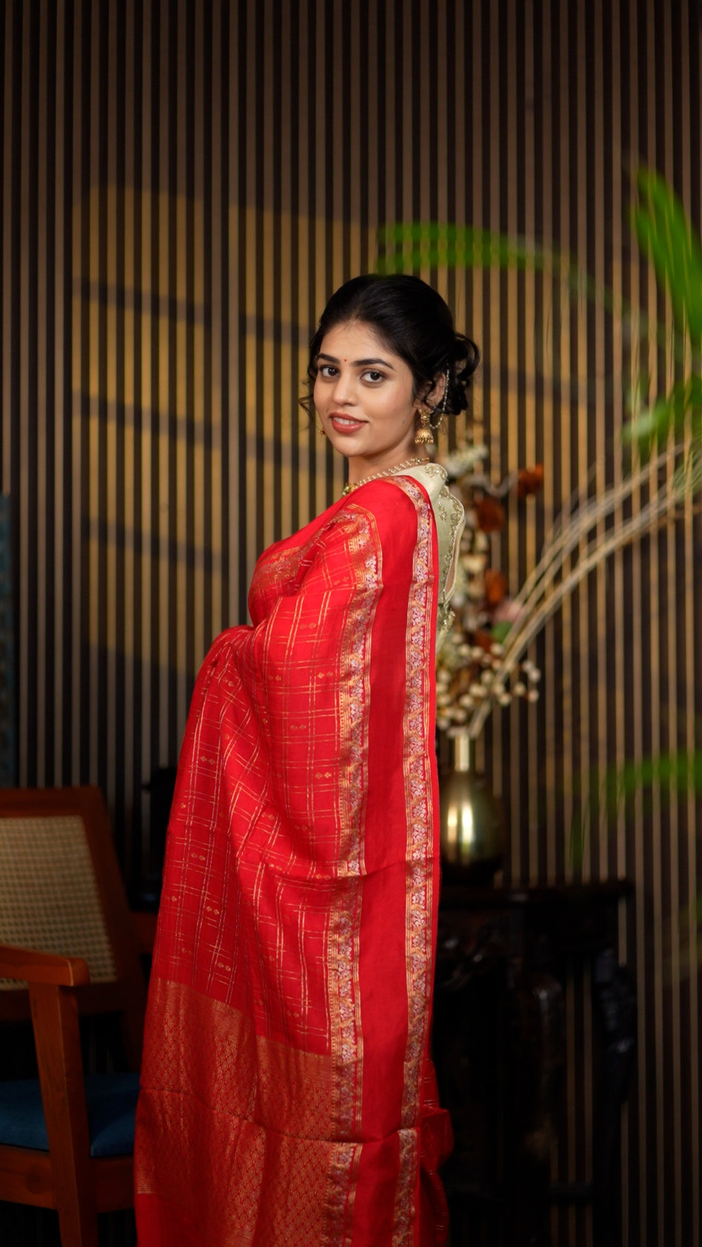 Red Checked Saree with Golden Zari Border