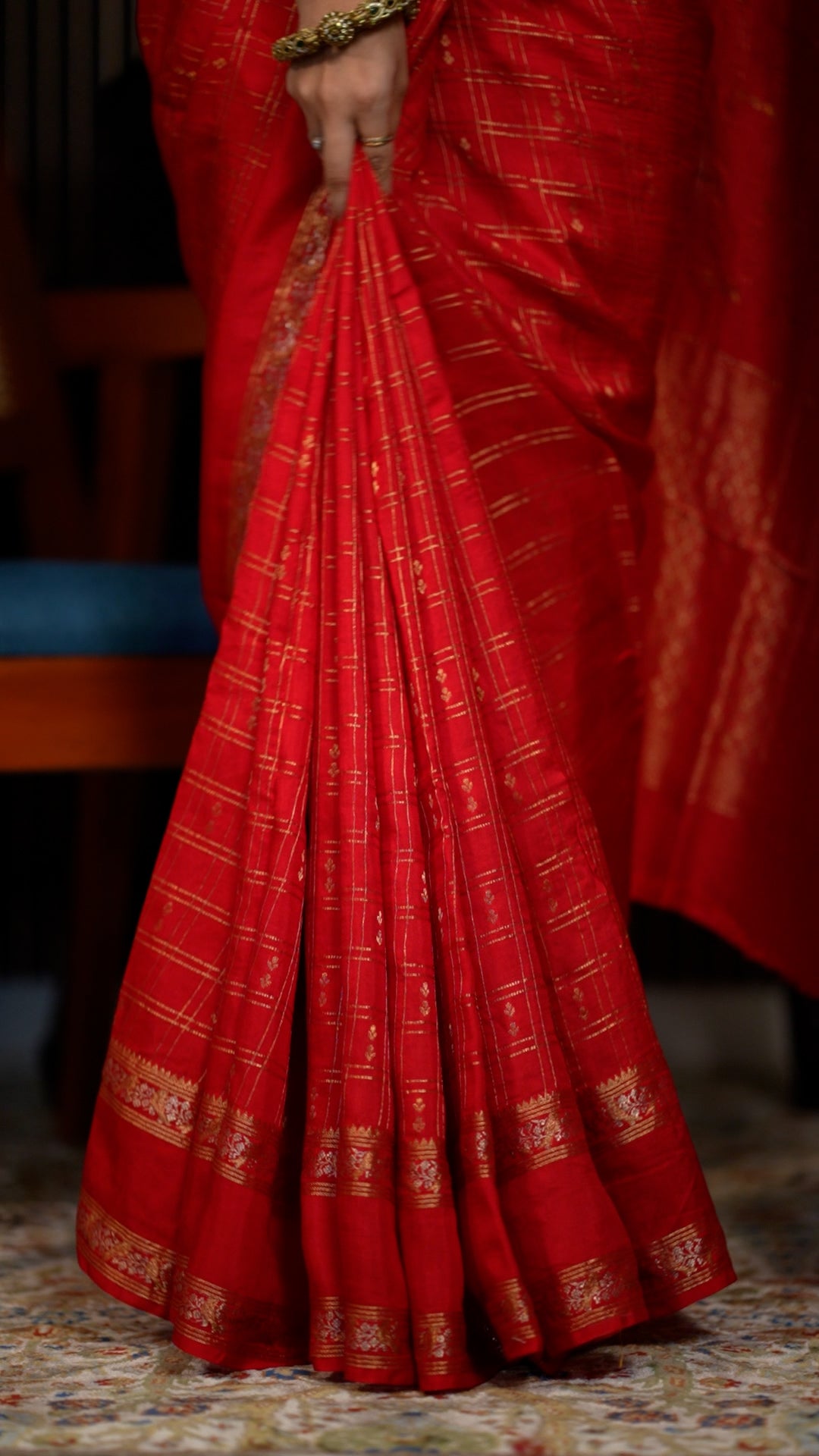 Red Checked Saree with Golden Zari Border