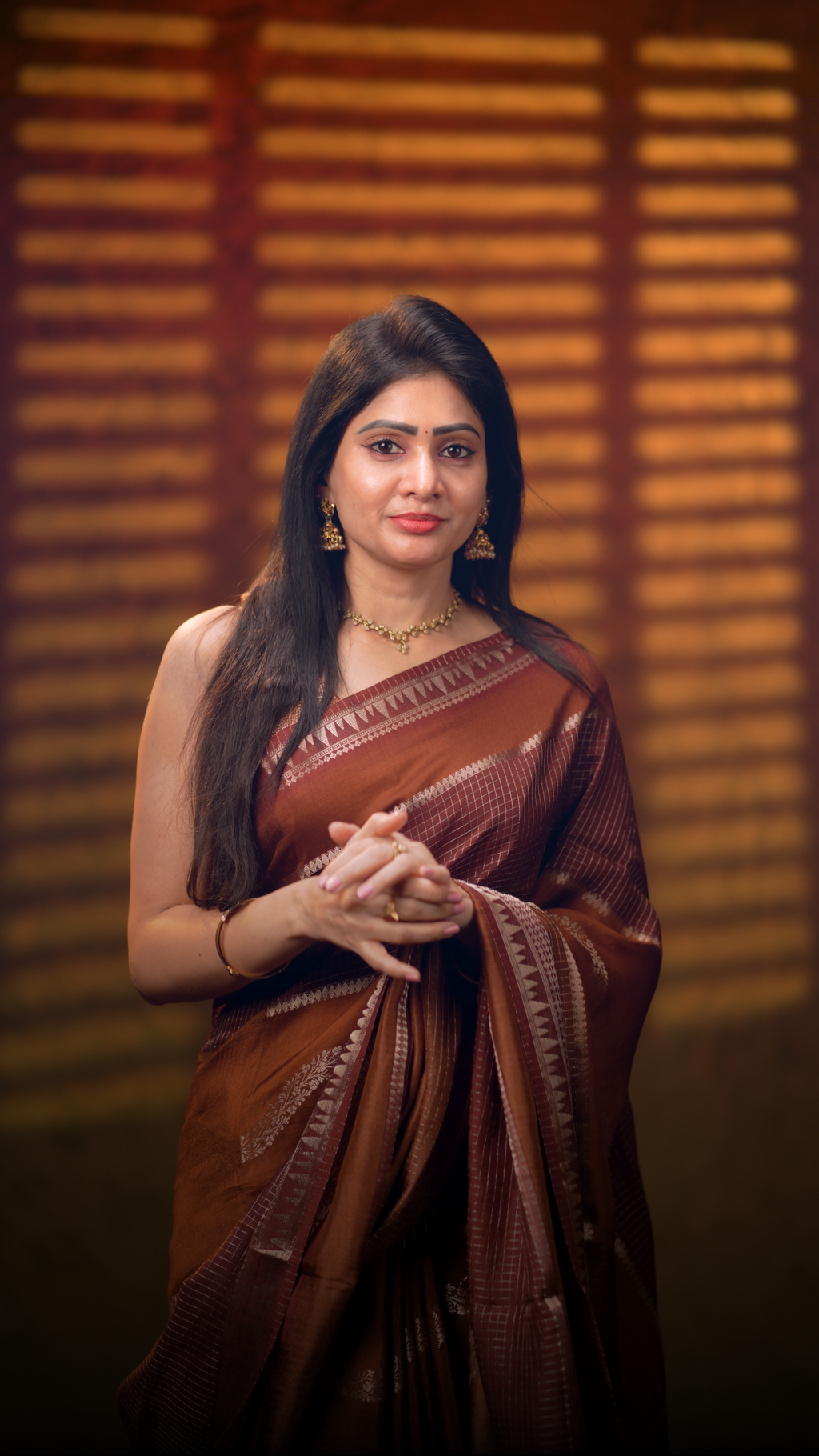 Brown Check Georgette Saree | Lightweight
