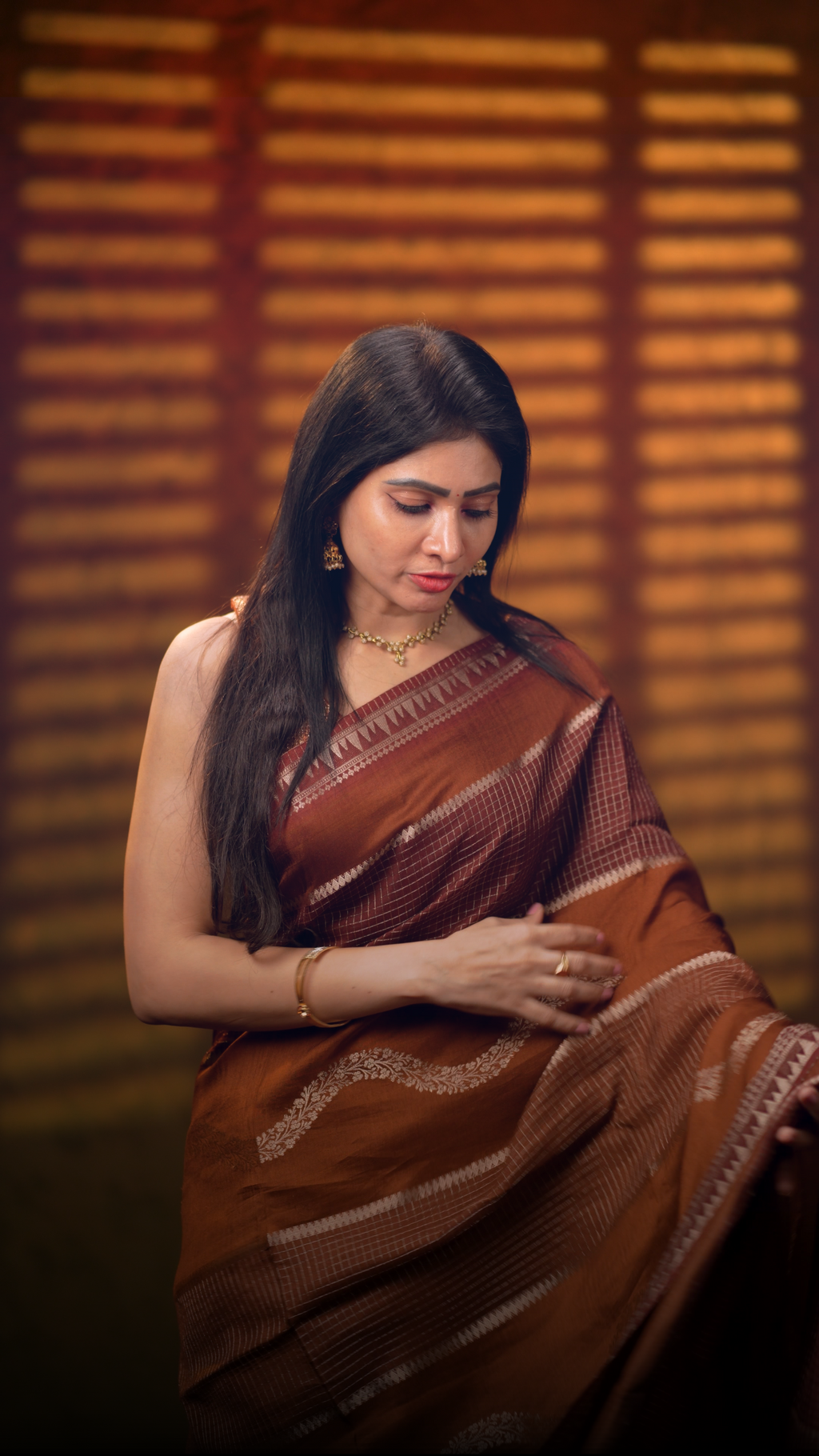 Brown Check Georgette Saree | Lightweight
