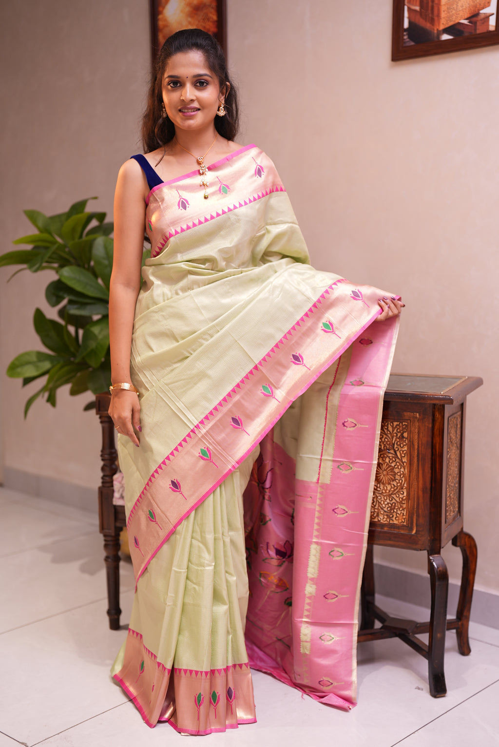 Pista Green Semi-Paithani Saree with Pink Border