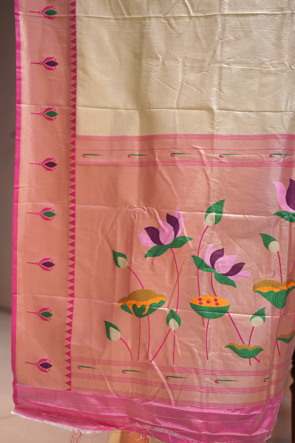 Pista Green Semi-Paithani Saree with Pink Border