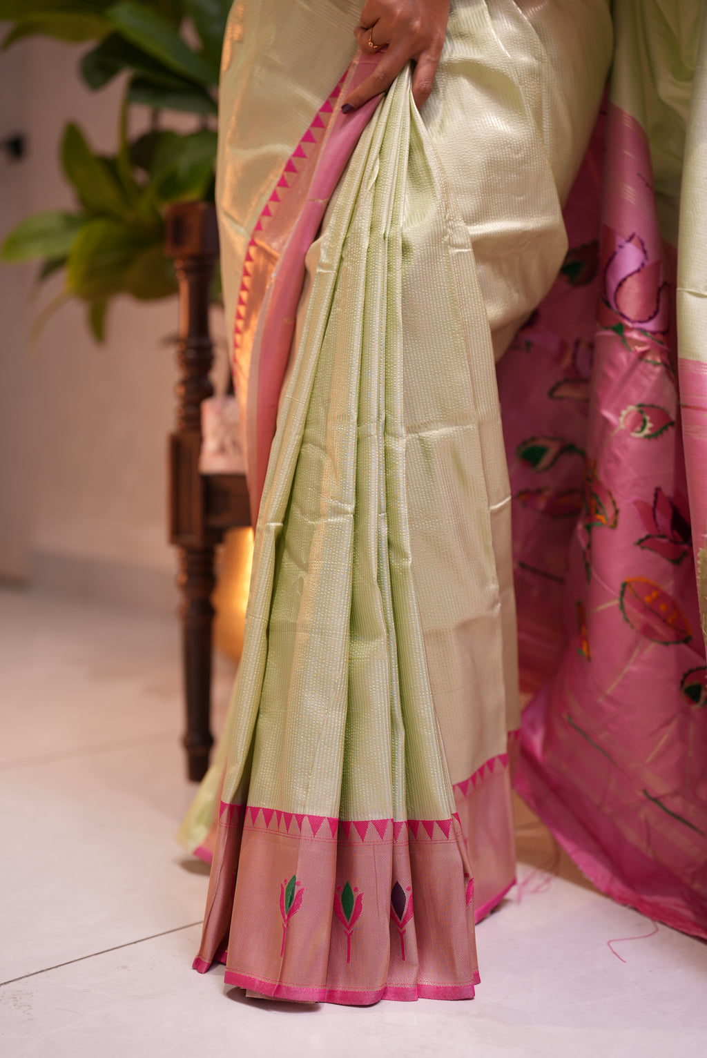 Pista Green Semi-Paithani Saree with Pink Border