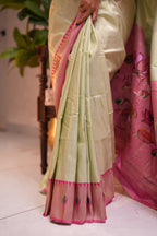 Pista Green Semi-Paithani Saree with Pink Border