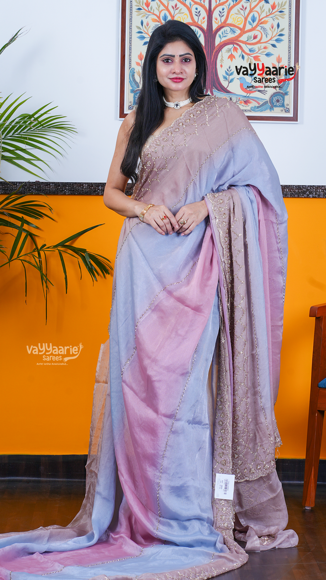 Lavender Chiffon Saree with Kalamkari Art Prints | Ethnic Celebration Saree | Vayyaarie Sarees Hover Image