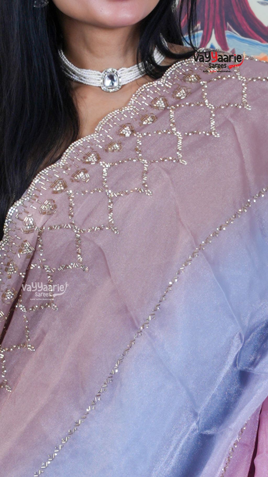 Lavender Chiffon Saree with Kalamkari Art Prints | Ethnic Celebration Saree | Vayyaarie Sarees