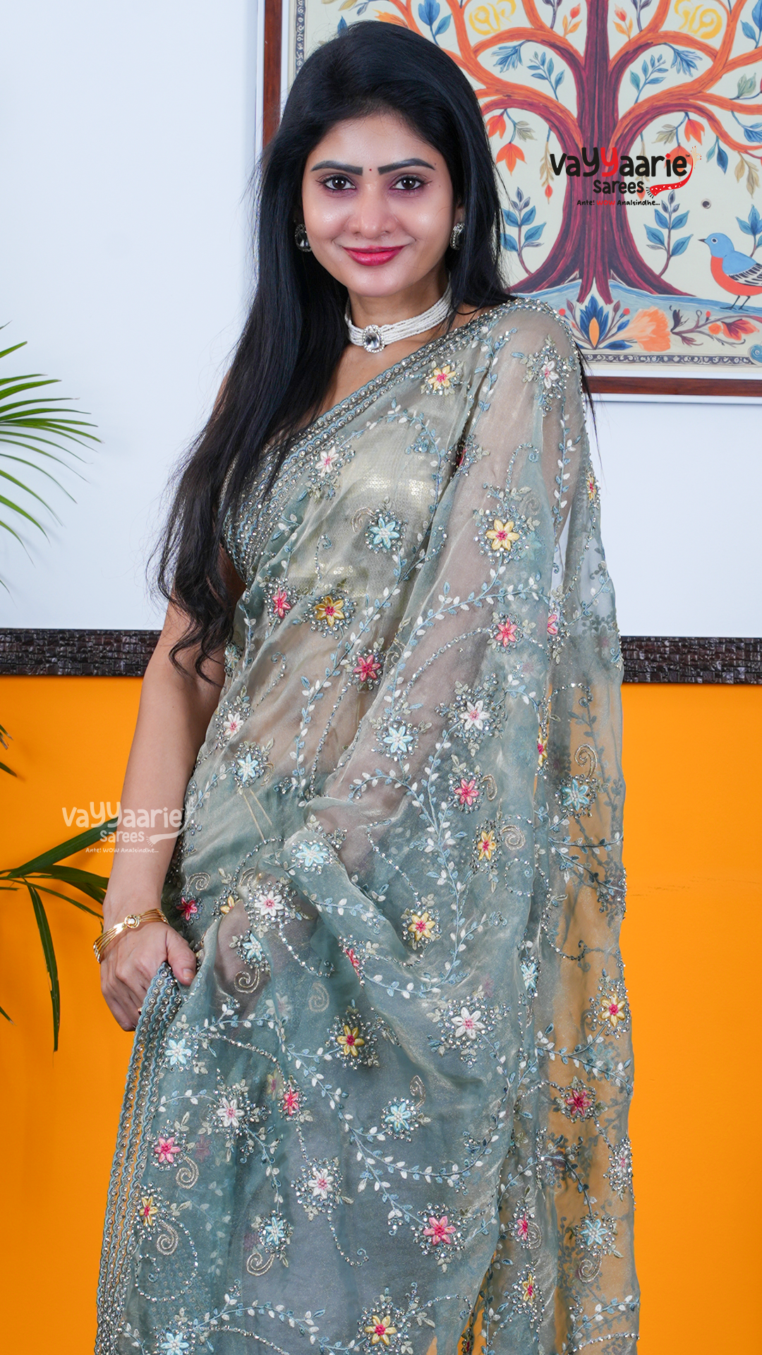 Pista Green Chiffon Saree with Kalamkari Art Prints | Designer Ethnic Wear Saree | Vayyaarie Sarees
