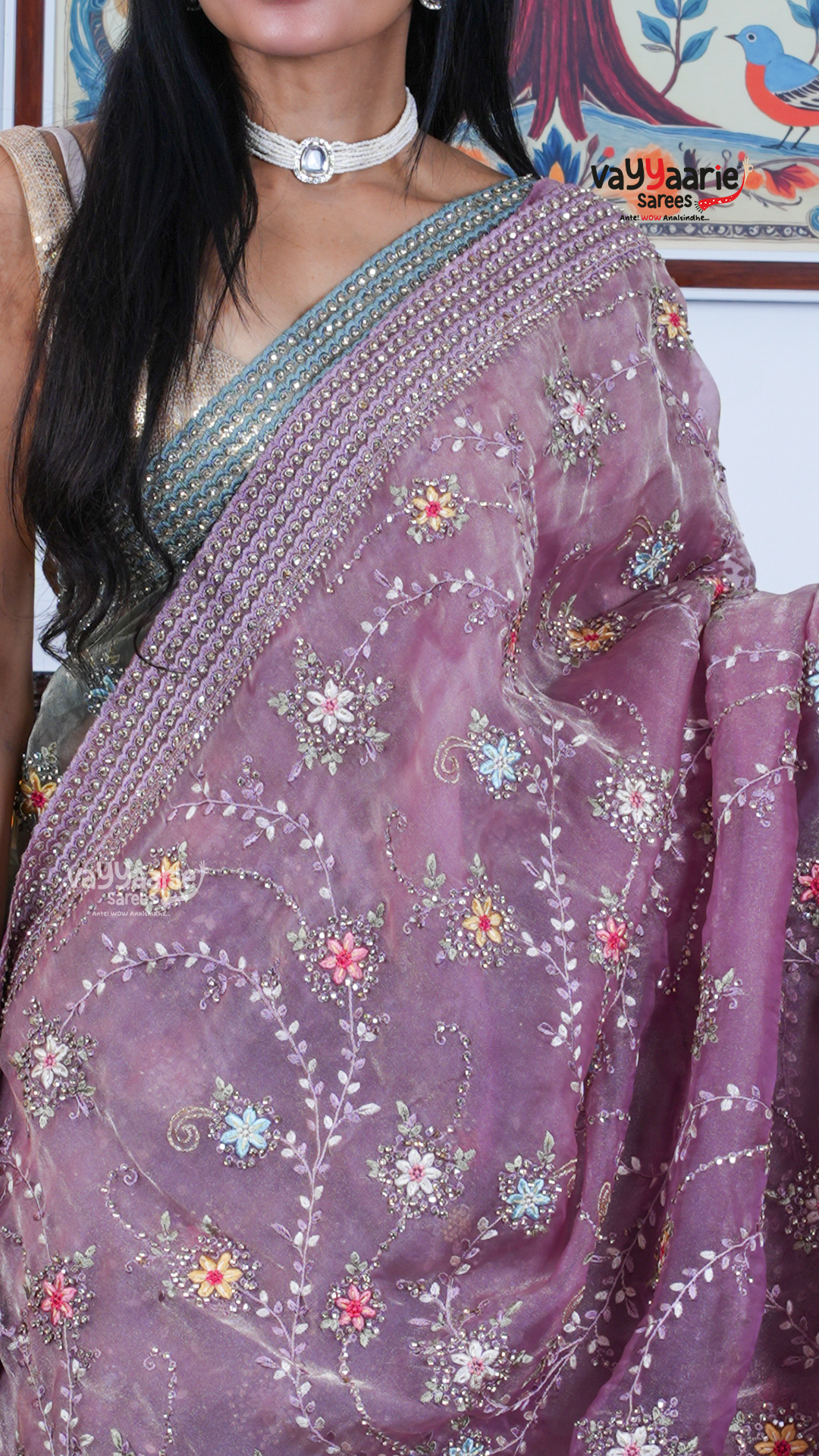 Onion Pink Chiffon Saree with Kalamkari Art Prints | Designer Occasion Wear Saree | Vayyaarie Sarees