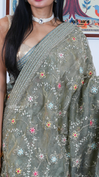 Sea Green Chiffon Saree with Kalamkari Art Prints | Festive Designer Saree | Vayyaarie Sarees