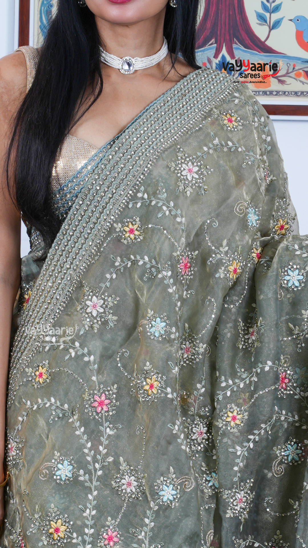 Sea Green Chiffon Saree with Kalamkari Art Prints | Festive Designer Saree | Vayyaarie Sarees