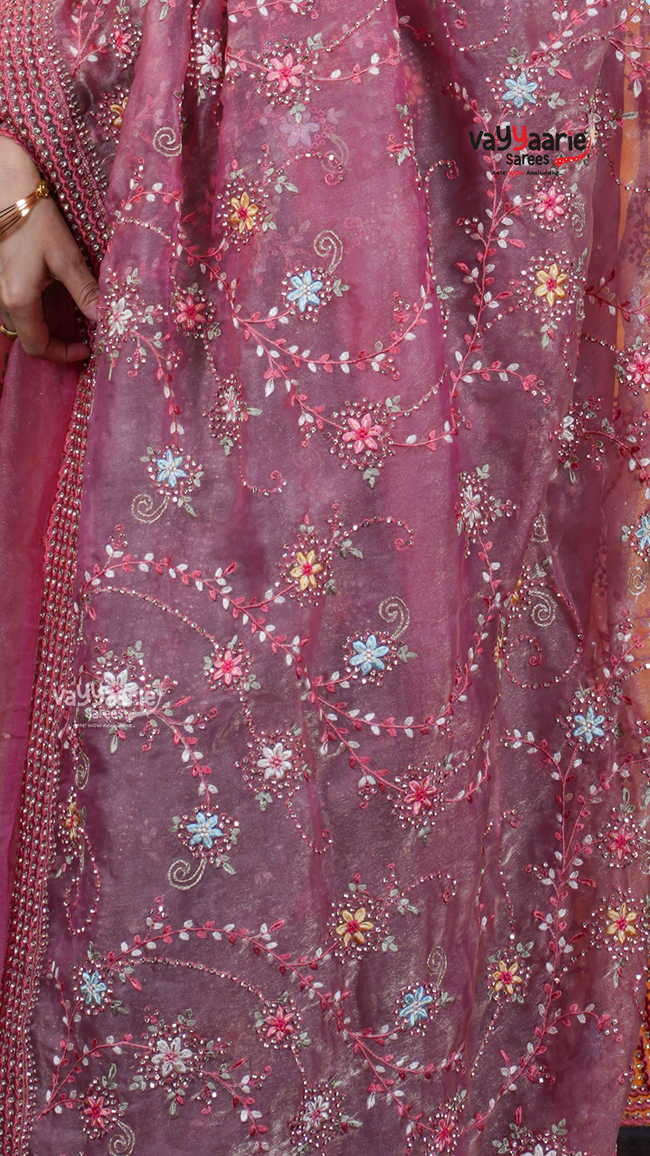 Light Pink Chiffon Saree with Kalamkari Art Prints | Special Gathering Saree | Vayyaarie Sarees Main Image