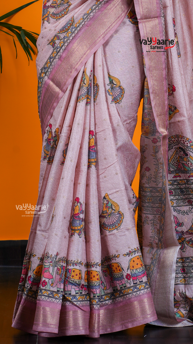 Peach Dola Silk Saree with Kalamkari Art Prints | Designer Occasion Wear Saree | Vayyaarie Sarees Main Image