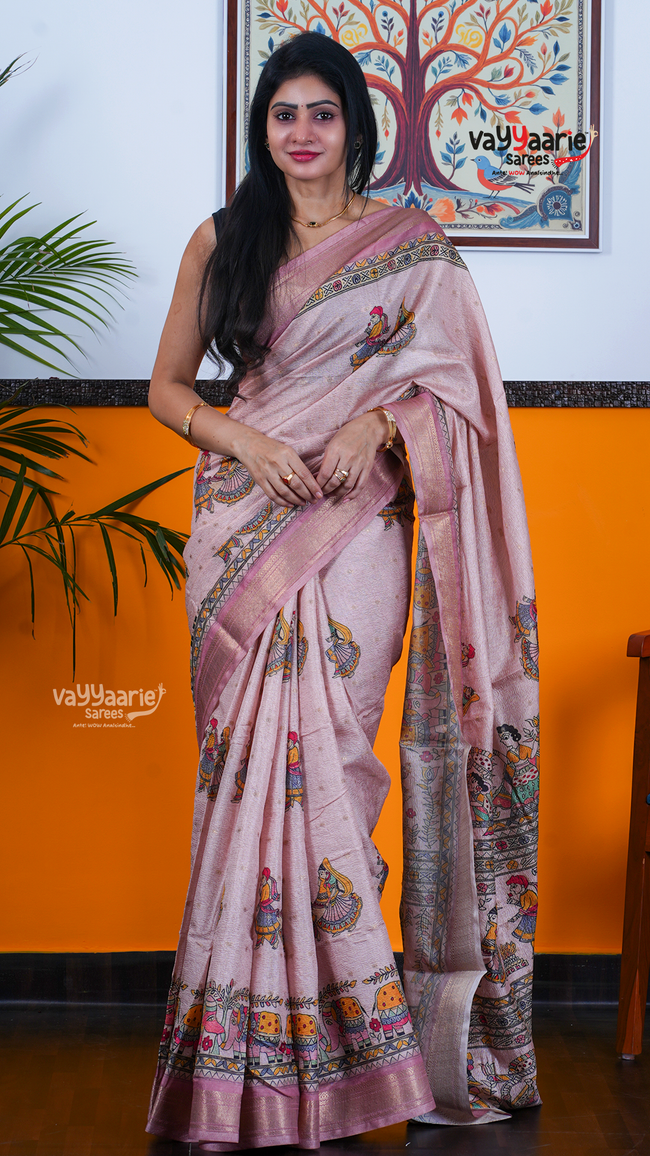 Peach Dola Silk Saree with Kalamkari Art Prints | Designer Occasion Wear Saree | Vayyaarie Sarees Hover Image