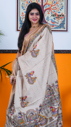 Biscuit Dola Silk Saree with Kalamkari Art Prints | Designer Occasion Wear Saree | Vayyaarie Sarees