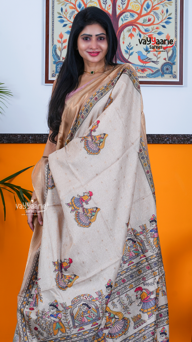 Biscuit Dola Silk Saree with Kalamkari Art Prints | Designer Occasion Wear Saree | Vayyaarie Sarees Main Image