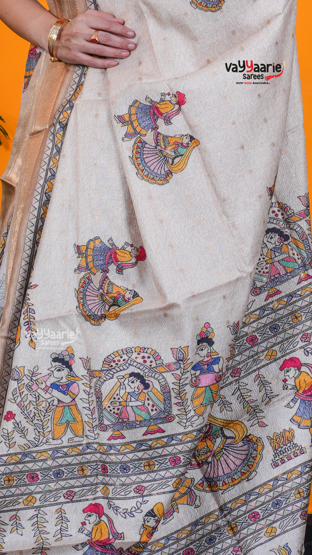 Biscuit Dola Silk Saree with Kalamkari Art Prints | Designer Occasion Wear Saree | Vayyaarie Sarees