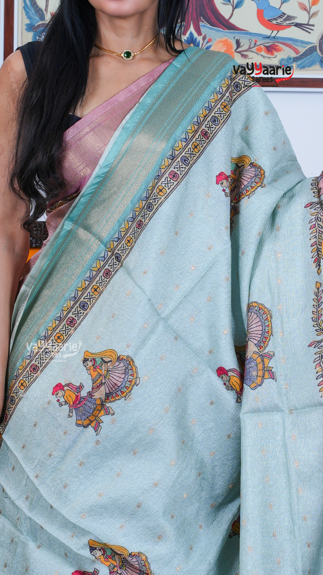 Sea Green Dola Silk Saree with Kalamkari Art Prints | Designer Festive Wear Saree | Vayyaarie Sarees