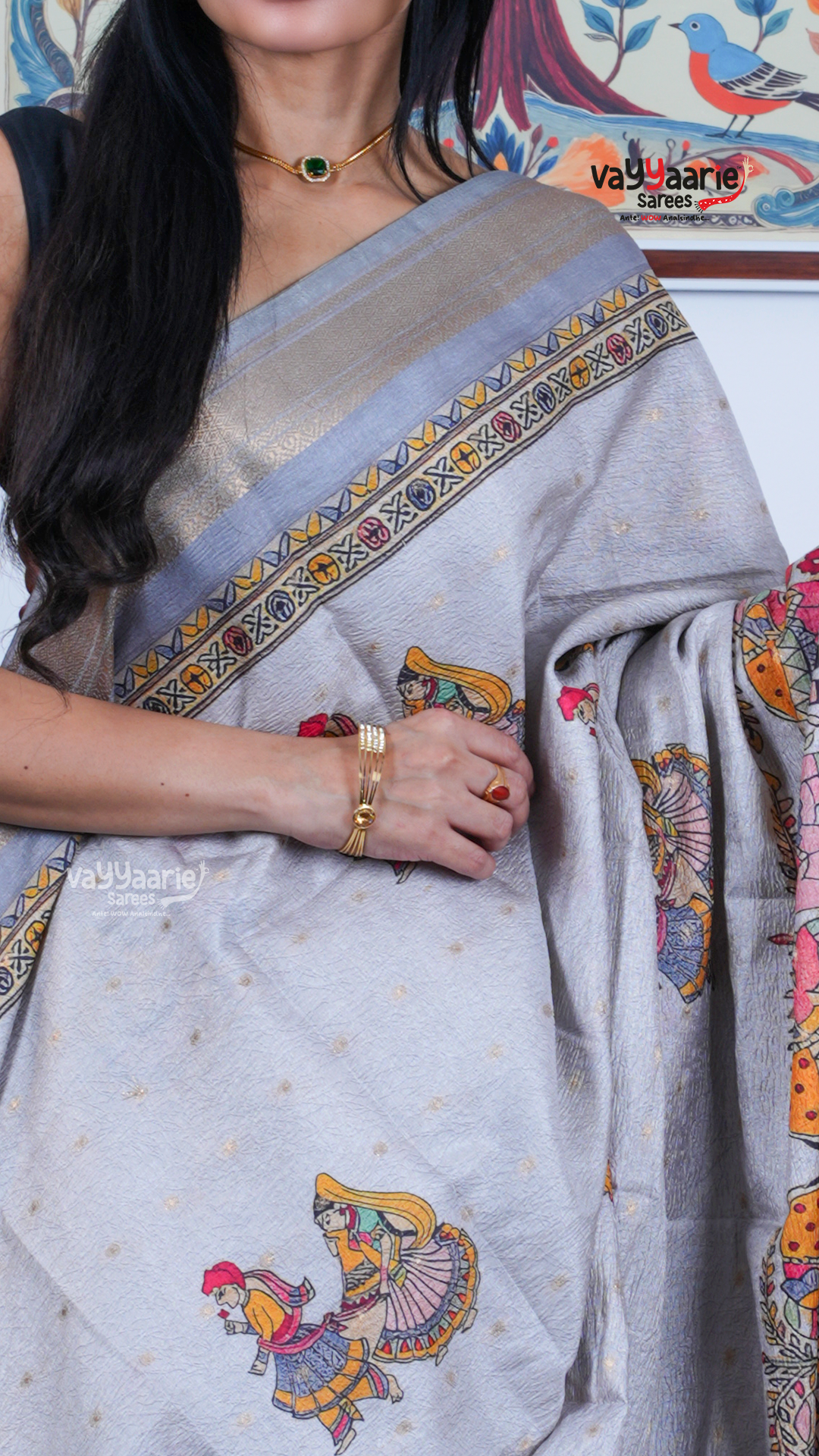 Grey Dola Silk Saree with Kalamkari Art Prints | Wedding Ethnic Wear Saree | Vayyaarie Sarees