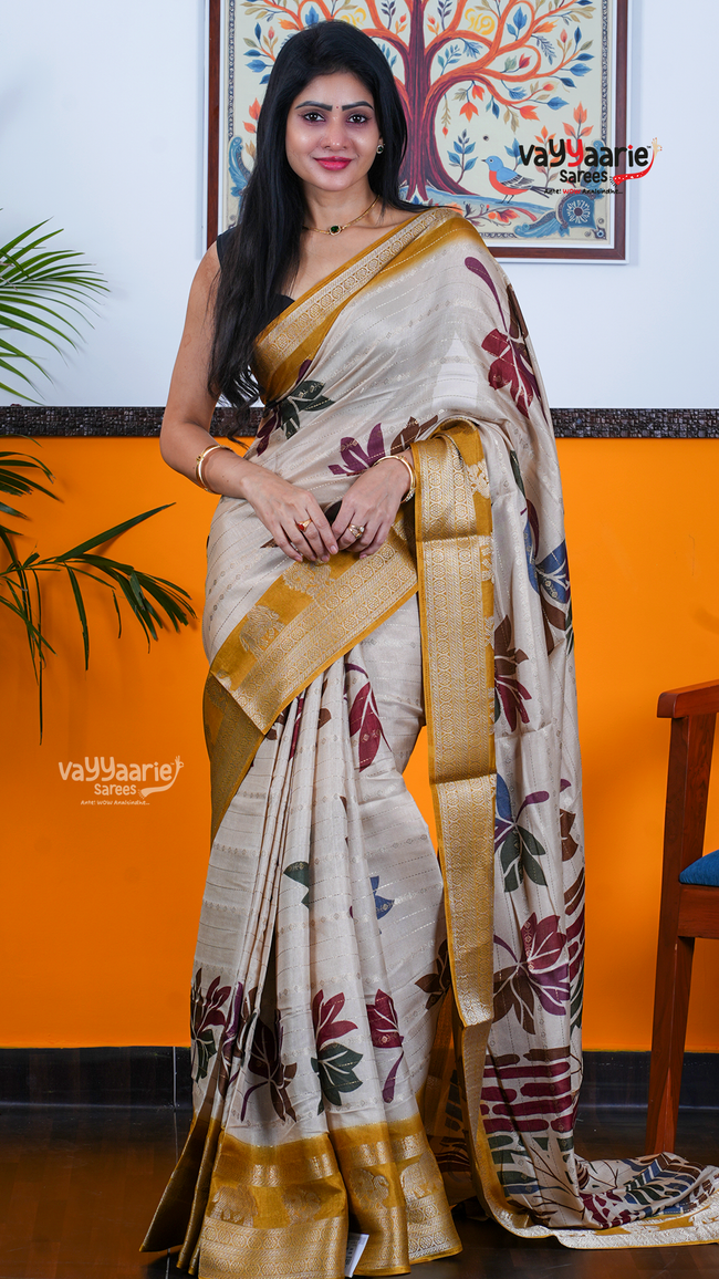 Cream Dola Silk Saree with Kalamkari Art Prints | Elegant Occasion Wear Saree | Vayyaarie Sarees Hover Image