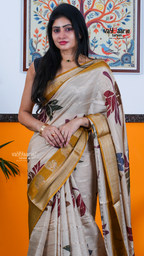 Cream Dola Silk Saree with Kalamkari Art Prints | Elegant Occasion Wear Saree | Vayyaarie Sarees