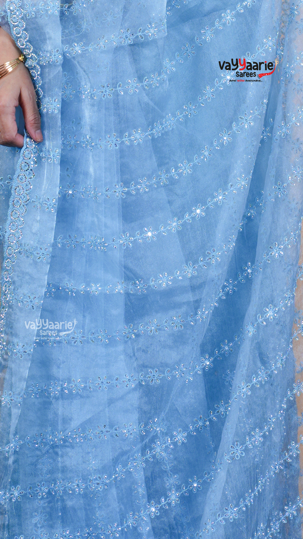 Sky Blue Chiffon Saree with Kalamkari Art Prints | Elegant Occasion Wear Saree | Vayyaarie Sarees