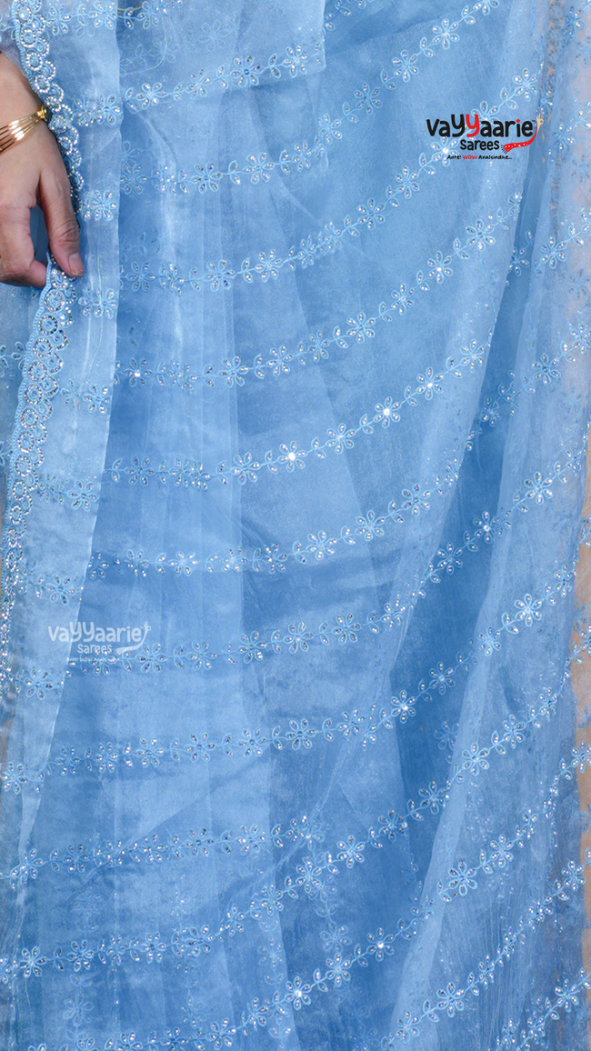Sky Blue Chiffon Saree with Kalamkari Art Prints | Elegant Occasion Wear Saree | Vayyaarie Sarees Main Image