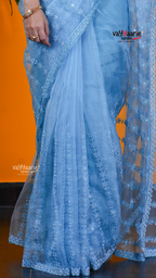 Sky Blue Chiffon Saree with Kalamkari Art Prints | Elegant Occasion Wear Saree | Vayyaarie Sarees