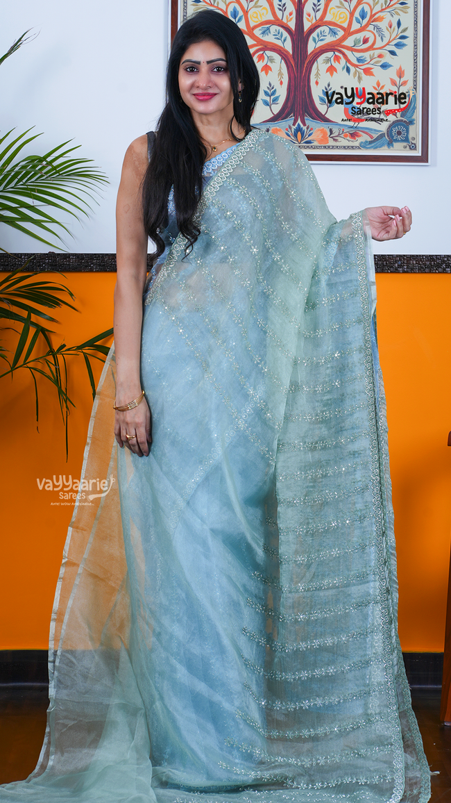 Sea Green Chiffon Saree with Kalamkari Art Prints | Cultural Celebration Saree | Vayyaarie Sarees Hover Image