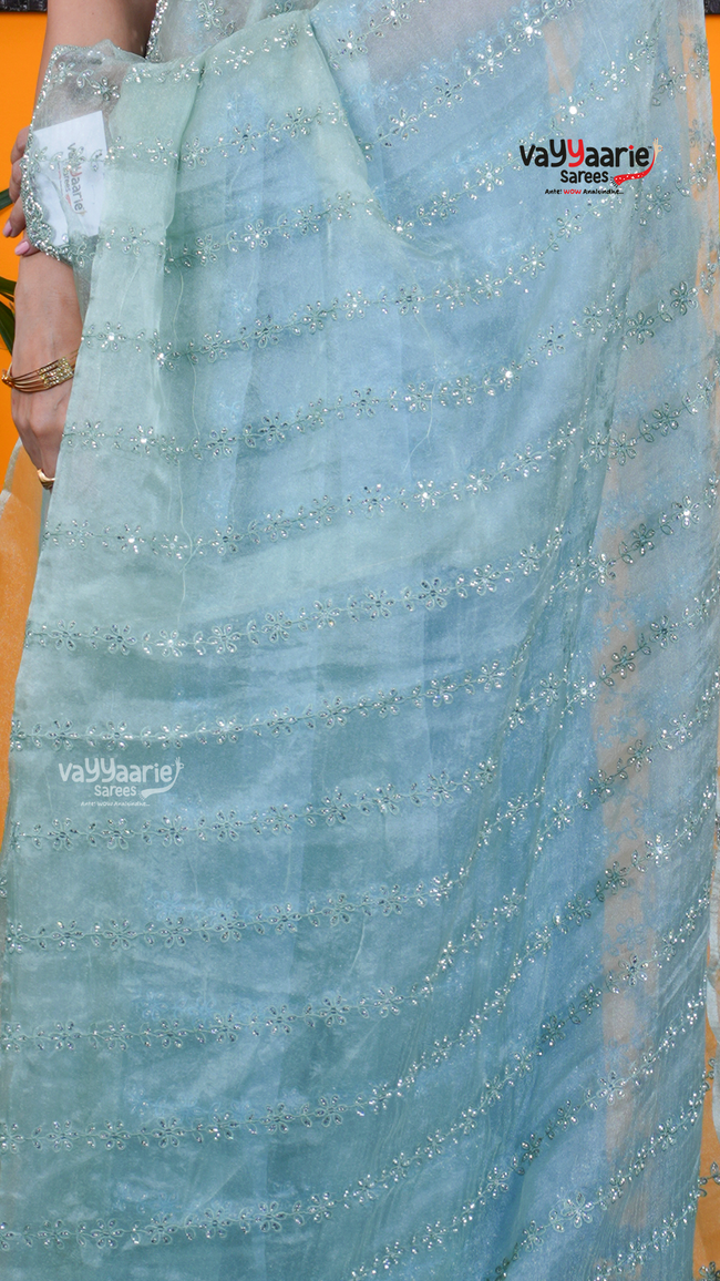 Sea Green Chiffon Saree with Kalamkari Art Prints | Cultural Celebration Saree | Vayyaarie Sarees Main Image