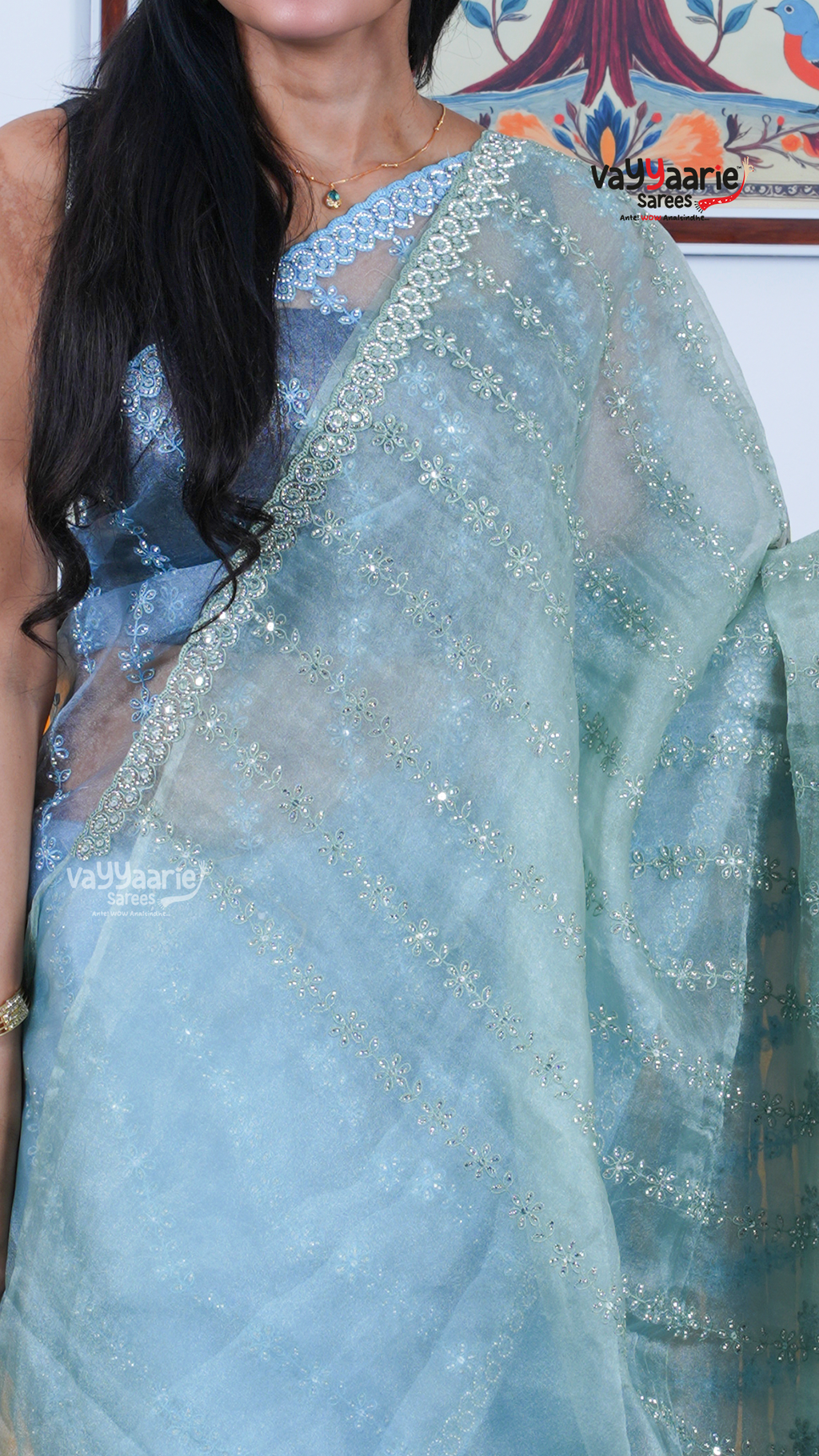 Sea Green Chiffon Saree with Kalamkari Art Prints | Cultural Celebration Saree | Vayyaarie Sarees