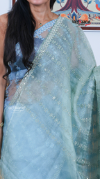 Sea Green Chiffon Saree with Kalamkari Art Prints | Cultural Celebration Saree | Vayyaarie Sarees