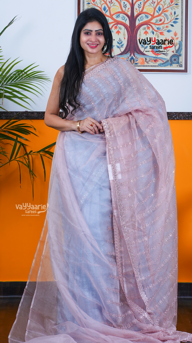 Baby Pink Chiffon Saree with Kalamkari Art Prints | Festive Designer Saree | Vayyaarie Sarees Hover Image