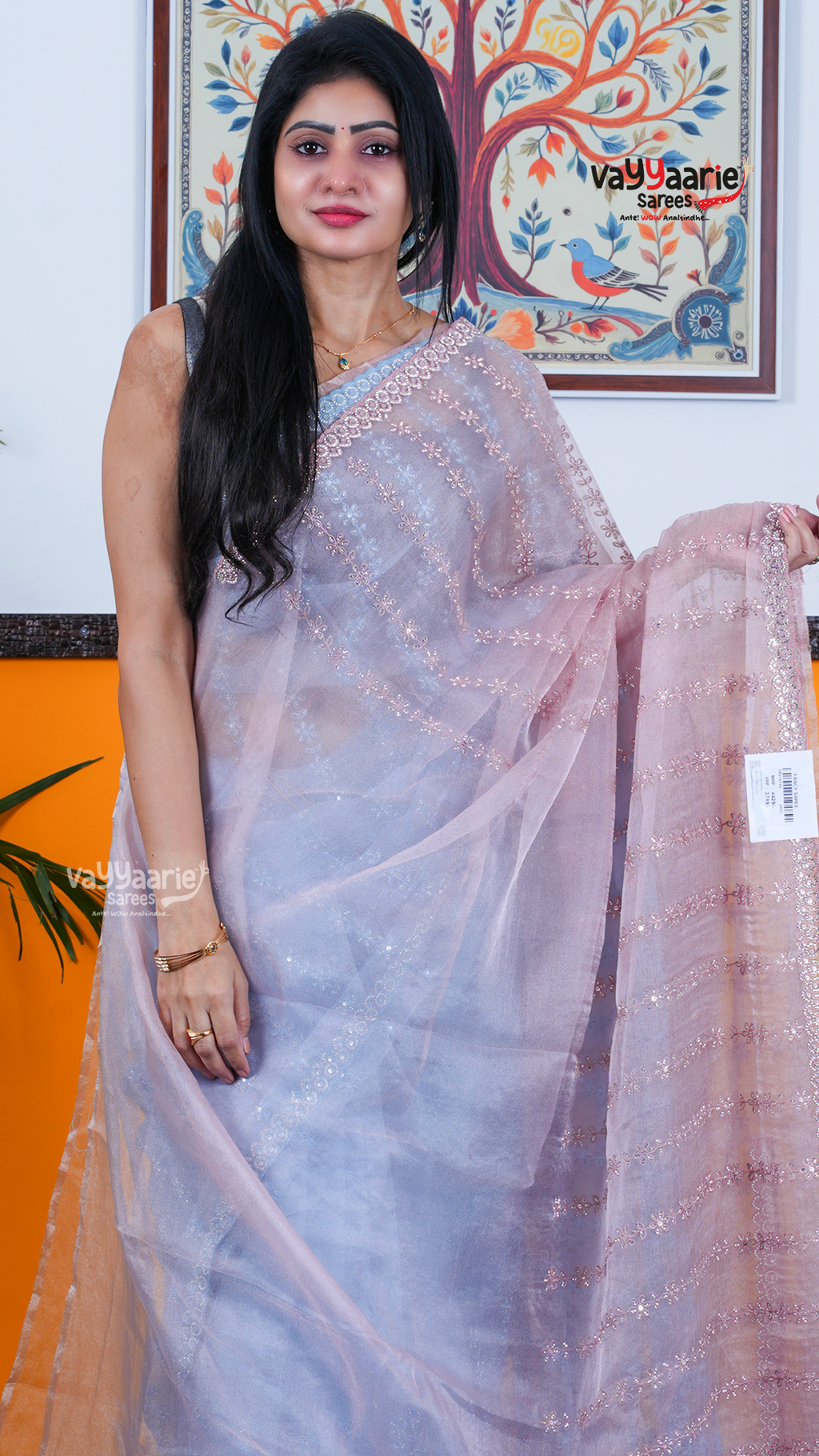 Baby Pink Chiffon Saree with Kalamkari Art Prints | Festive Designer Saree | Vayyaarie Sarees