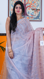 Baby Pink Chiffon Saree with Kalamkari Art Prints | Festive Designer Saree | Vayyaarie Sarees