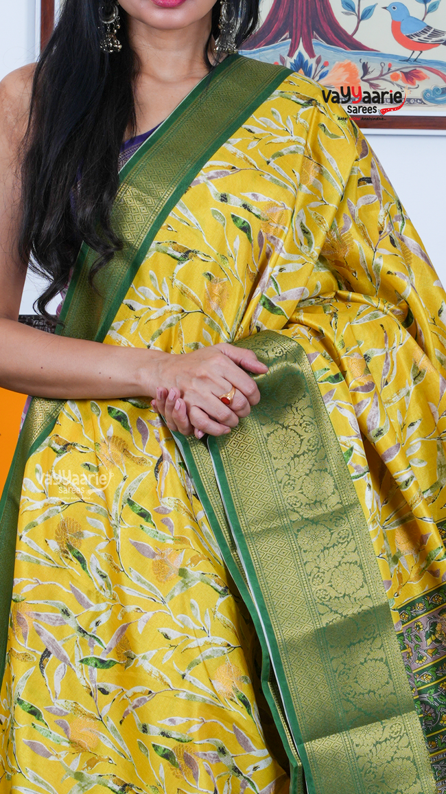 Yellow Dola Silk Saree with Kalamkari Art Prints | Special Gathering Saree | Vayyaarie Sarees Main Image