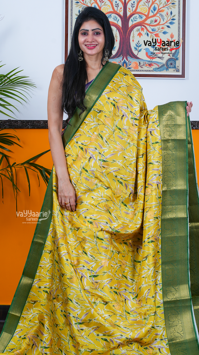 Yellow Dola Silk Saree with Kalamkari Art Prints | Special Gathering Saree | Vayyaarie Sarees Hover Image