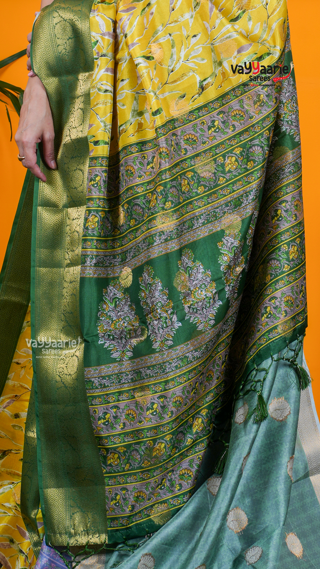 Yellow Dola Silk Saree with Kalamkari Art Prints | Special Gathering Saree | Vayyaarie Sarees