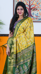 Yellow Dola Silk Saree with Kalamkari Art Prints | Special Gathering Saree | Vayyaarie Sarees