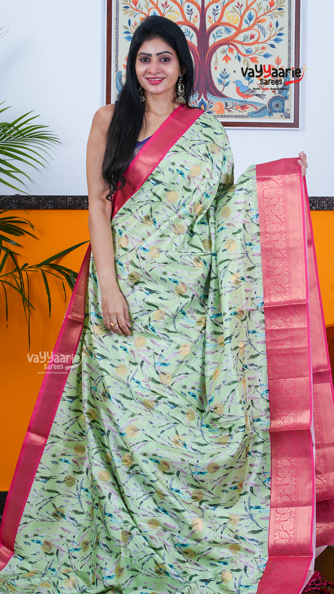 Parrot Green Dola Silk Saree with Kalamkari Art Prints | Traditional Celebration Saree | Vayyaarie Sarees Hover Image