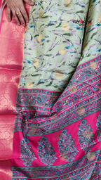 Parrot Green Dola Silk Saree with Kalamkari Art Prints | Traditional Celebration Saree | Vayyaarie Sarees