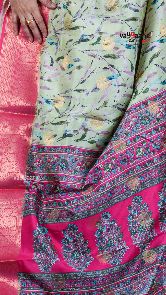 Parrot Green Dola Silk Saree with Kalamkari Art Prints | Traditional Celebration Saree | Vayyaarie Sarees Main Image