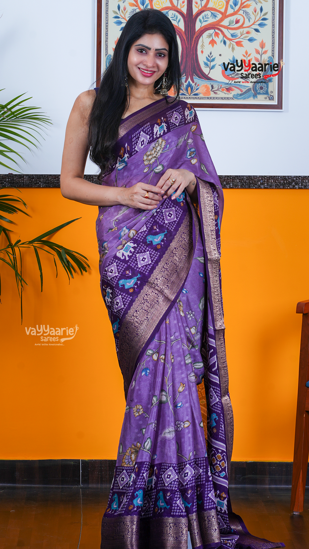 Lavender Dola Silk Saree with Kalamkari Art Prints | Special Occasion Saree | Vayyaarie Sarees