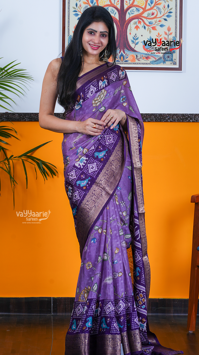Lavender Dola Silk Saree with Kalamkari Art Prints | Special Occasion Saree | Vayyaarie Sarees Hover Image