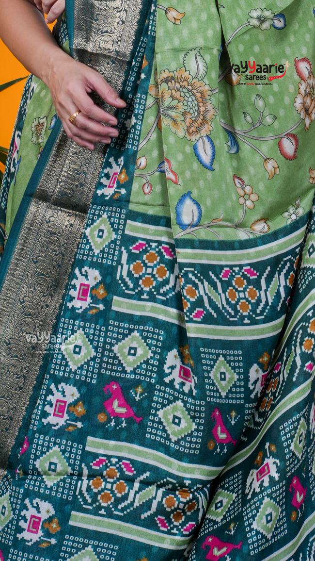 Green Dola Silk Saree with Kalamkari Art Prints | Premium Occasion Wear Saree | Vayyaarie Sarees Main Image