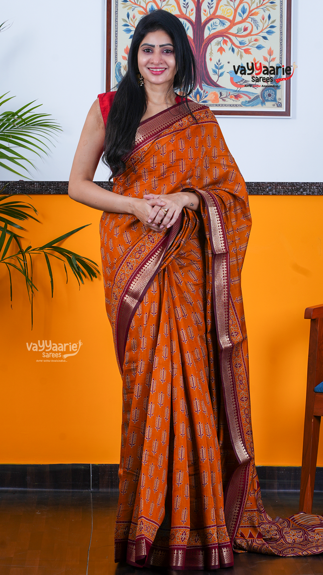 Gold Chanderi Silk Saree with Kalamkari Art Prints | Traditional Wear Saree | Vayyaarie Sarees Hover Image