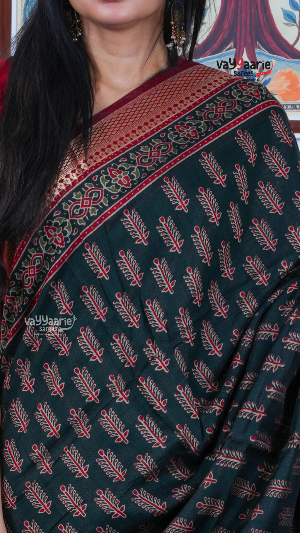 Dark Green Chanderi Silk Saree with Kalamkari Art Prints | Classic Ethnic Wear Saree | Vayyaarie Sarees