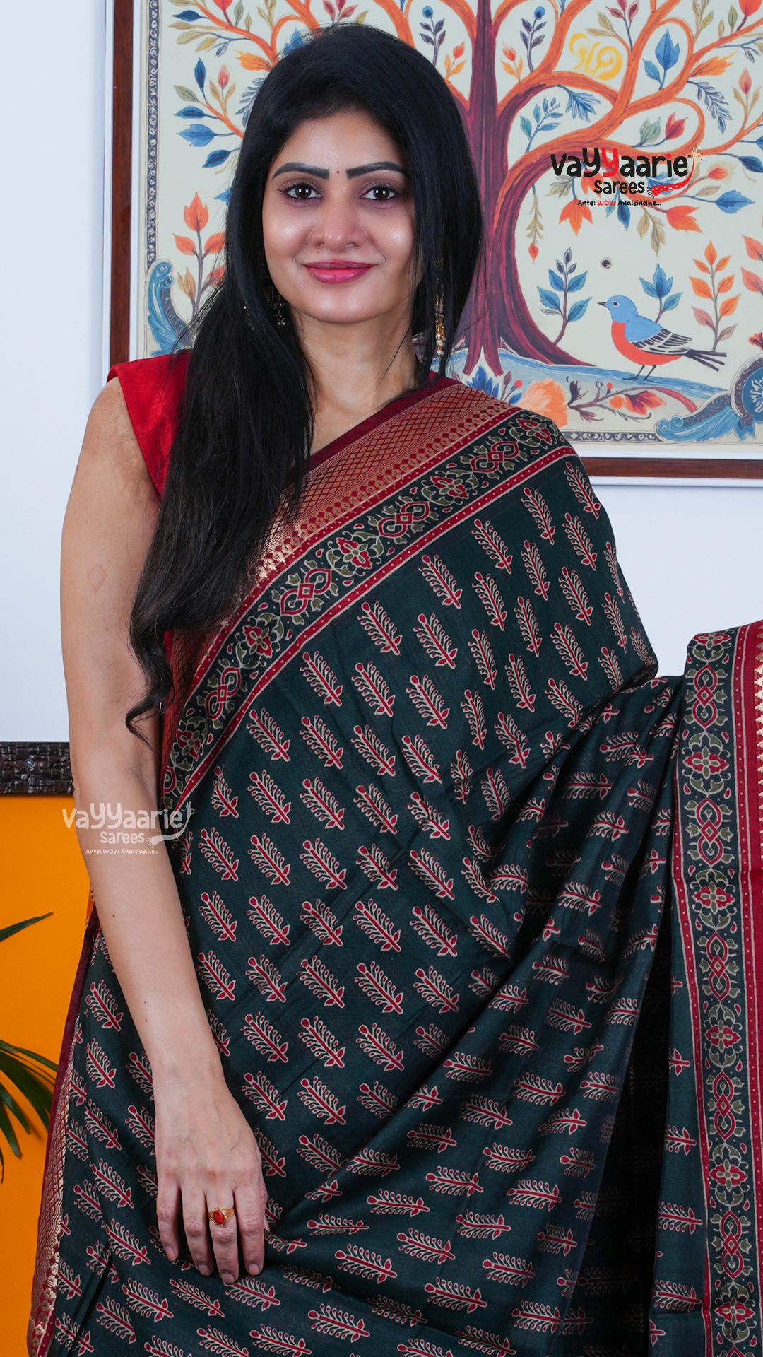 Dark Green Chanderi Silk Saree with Kalamkari Art Prints | Classic Ethnic Wear Saree | Vayyaarie Sarees